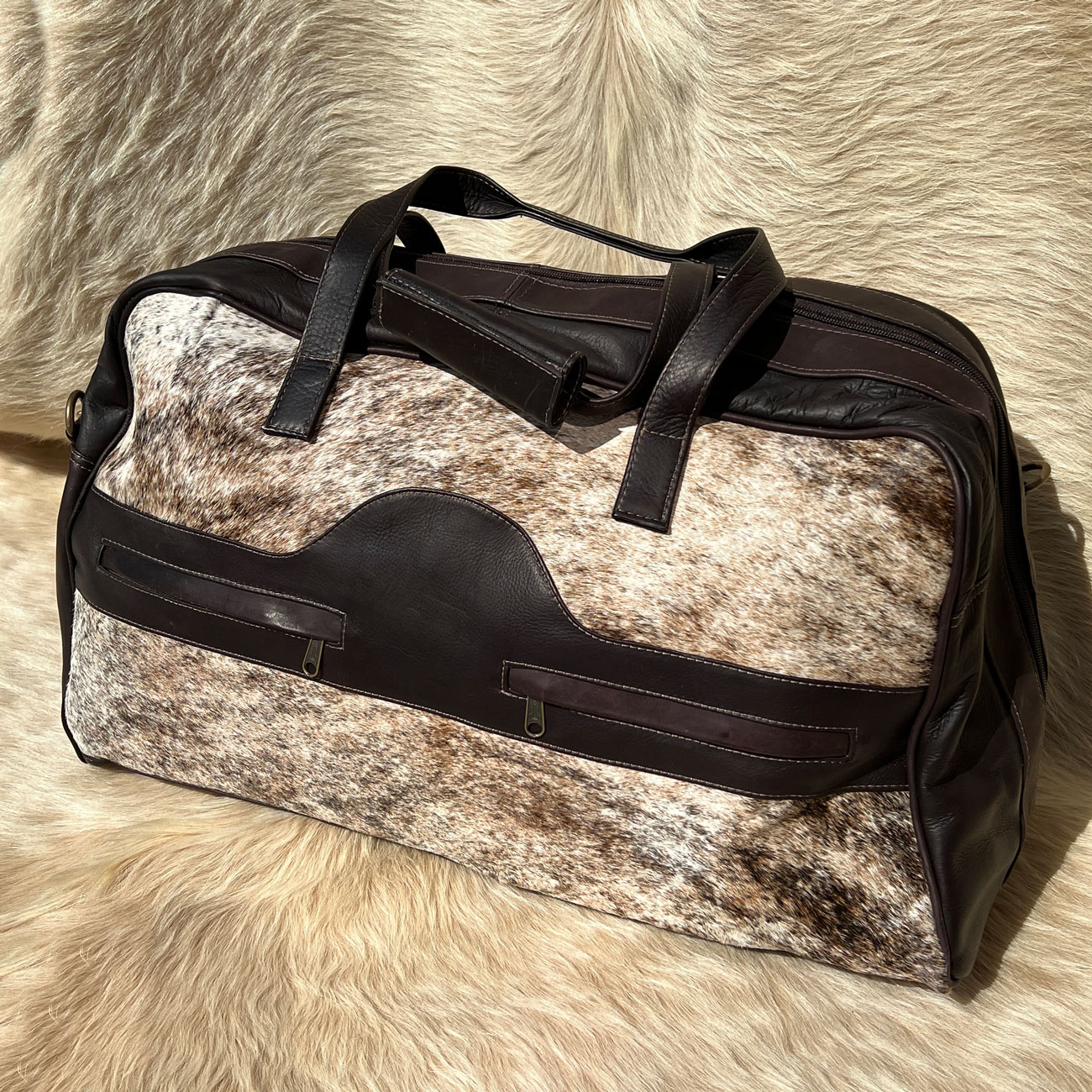Brown Brindle Cowhide Leather Duffle Bag Cowhides International